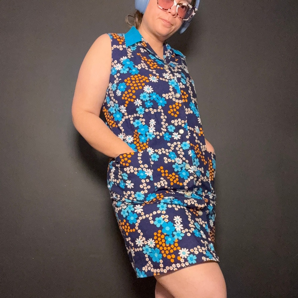 True Vintage 70s Floral Whimsical Dress Cotton Blue Psychedelic Sz M Rainbow‎ - Picture 10 of 10